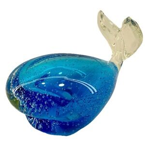 Murano Style Blue‎ Glass Whale Figurine Heavy Art Glass 6" EUC Vintage